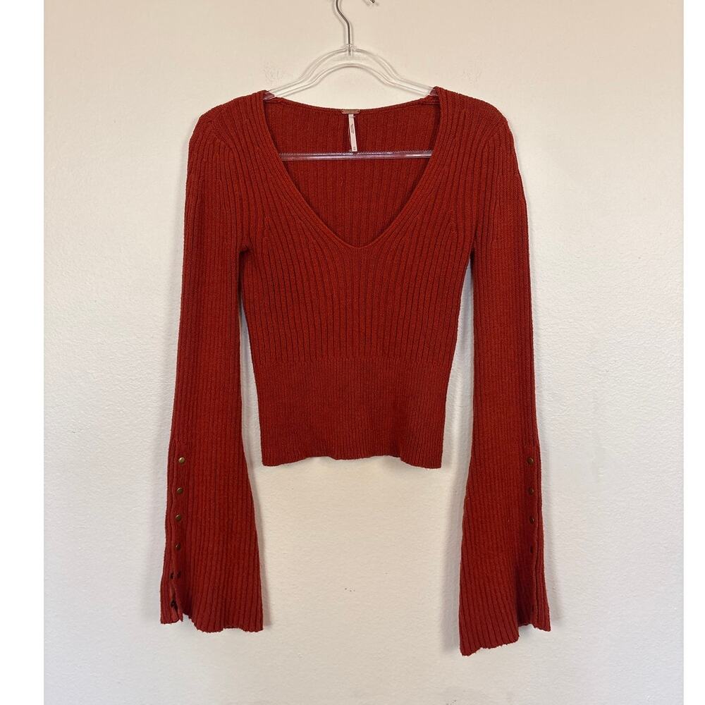 Free People V Neck Knit Ribbed Balloon Snap Sleeve Sweater XS
